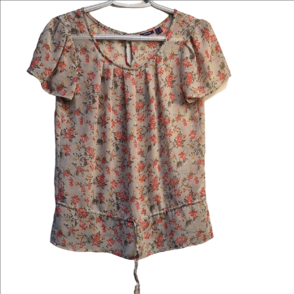 Mexx Beige Short Sleeve Floral Tie-Hem Blouse with Coral Print